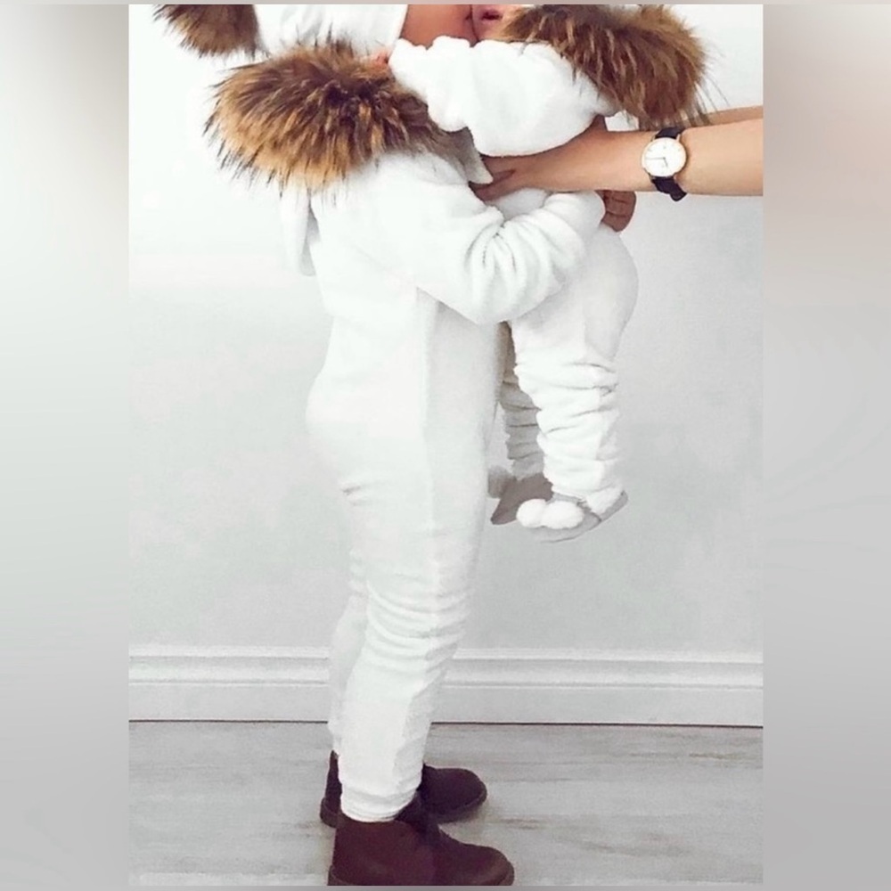 Line biagio Norway White Kids One Piece Bodysuit with Faux Fur Trim